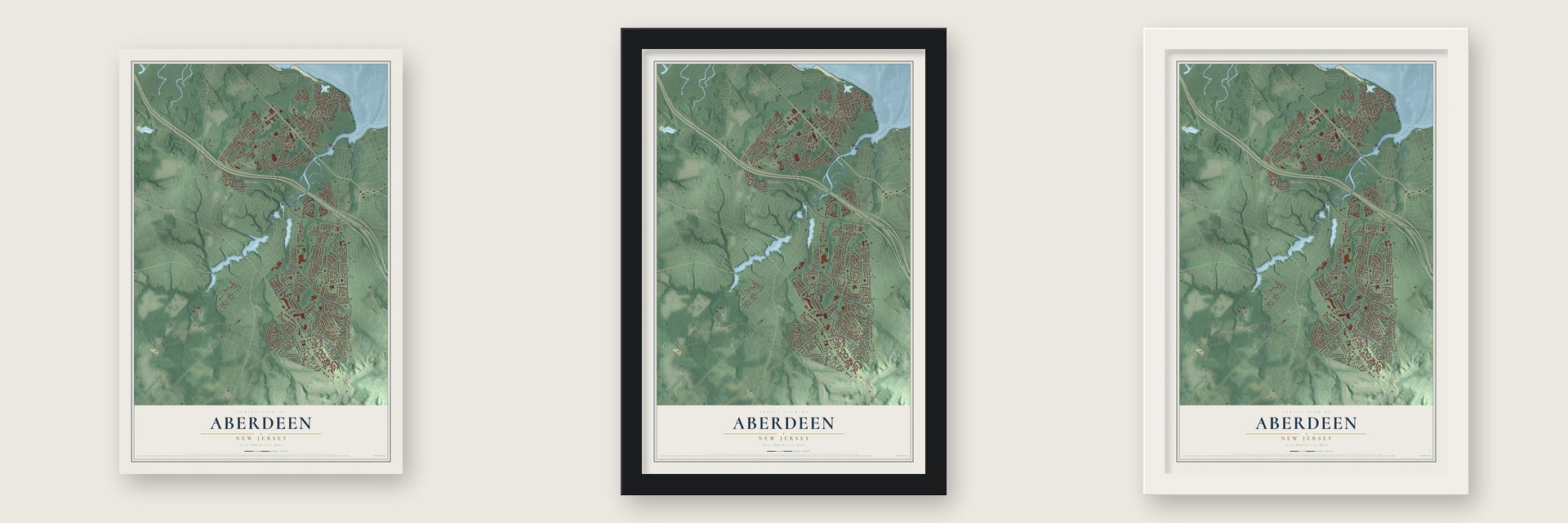 Aberdeen, New Jersey map unframed, in a black wood frame and in a white wood frame
