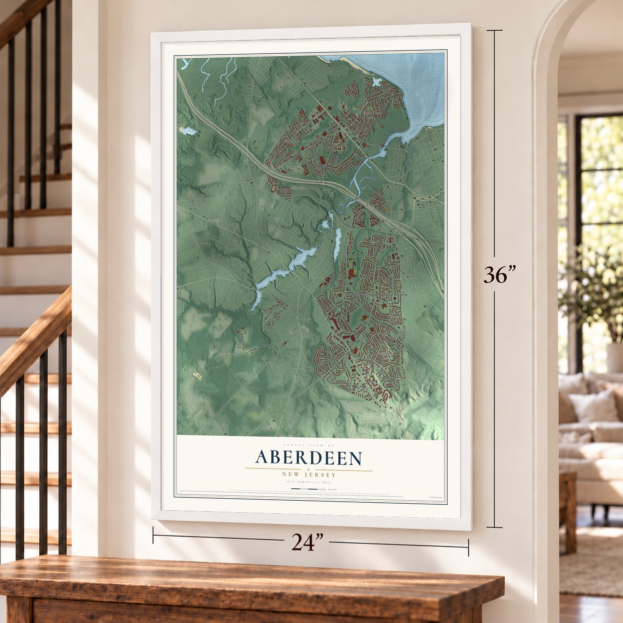 Aberdeen, New Jersey map, 24 x 36 inch print in a white frame by a staircase