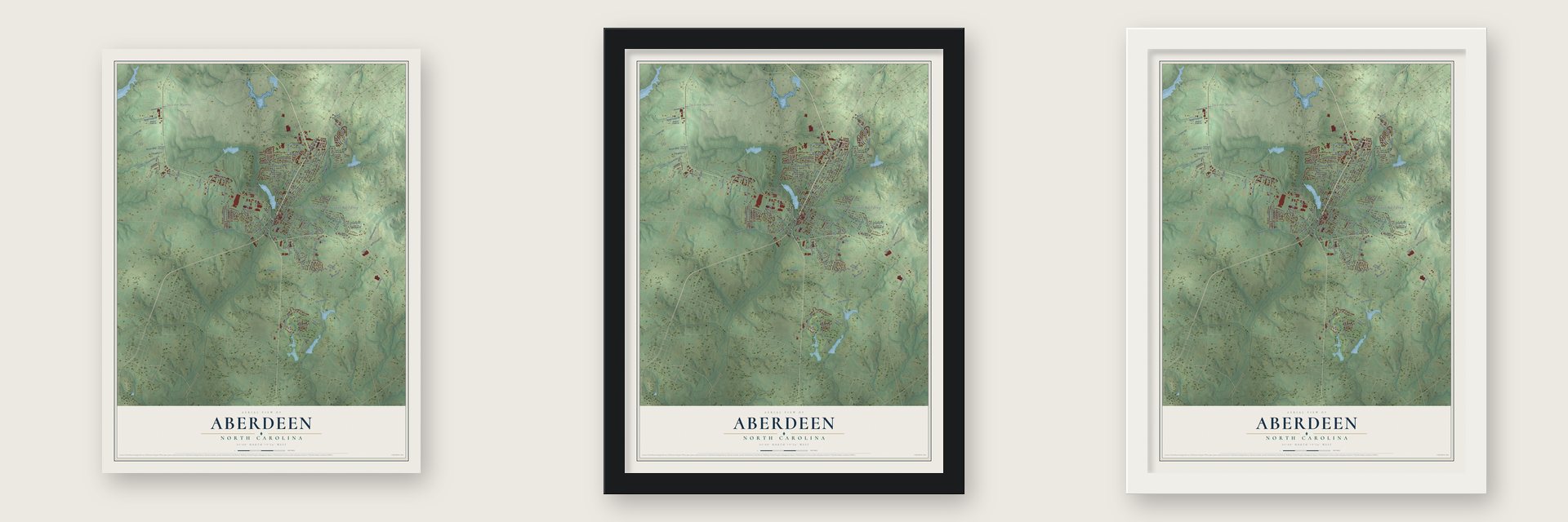 Aberdeen, North Carolina map unframed, in a black wood frame and in a white wood frame