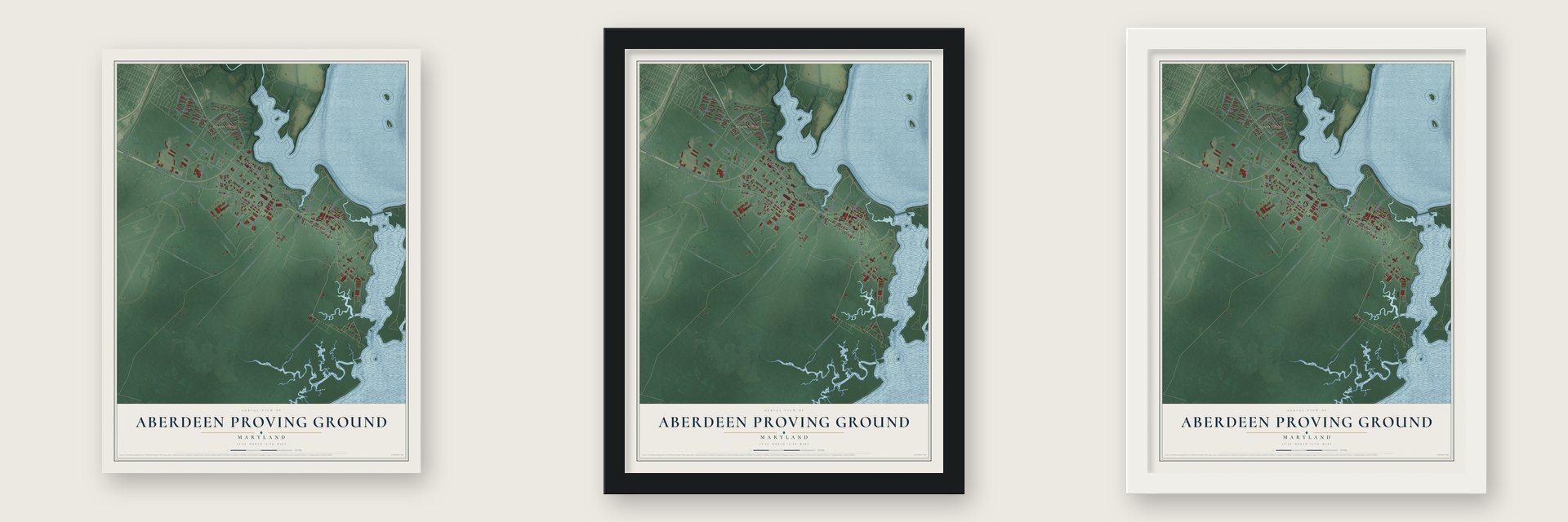 Aberdeen Proving Ground, Maryland map unframed, in a black wood frame and in a white wood frame