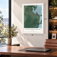 Aberdeen Proving Ground, Maryland map, 18 x 24 inch print in a white frame in a home office