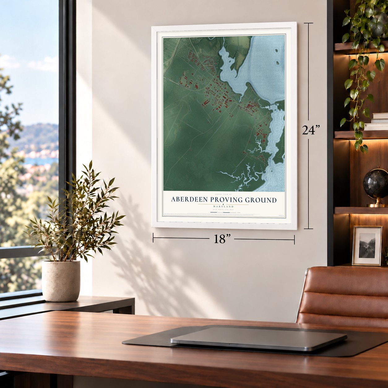 Aberdeen Proving Ground, Maryland map, 18 x 24 inch print in a white frame in a home office