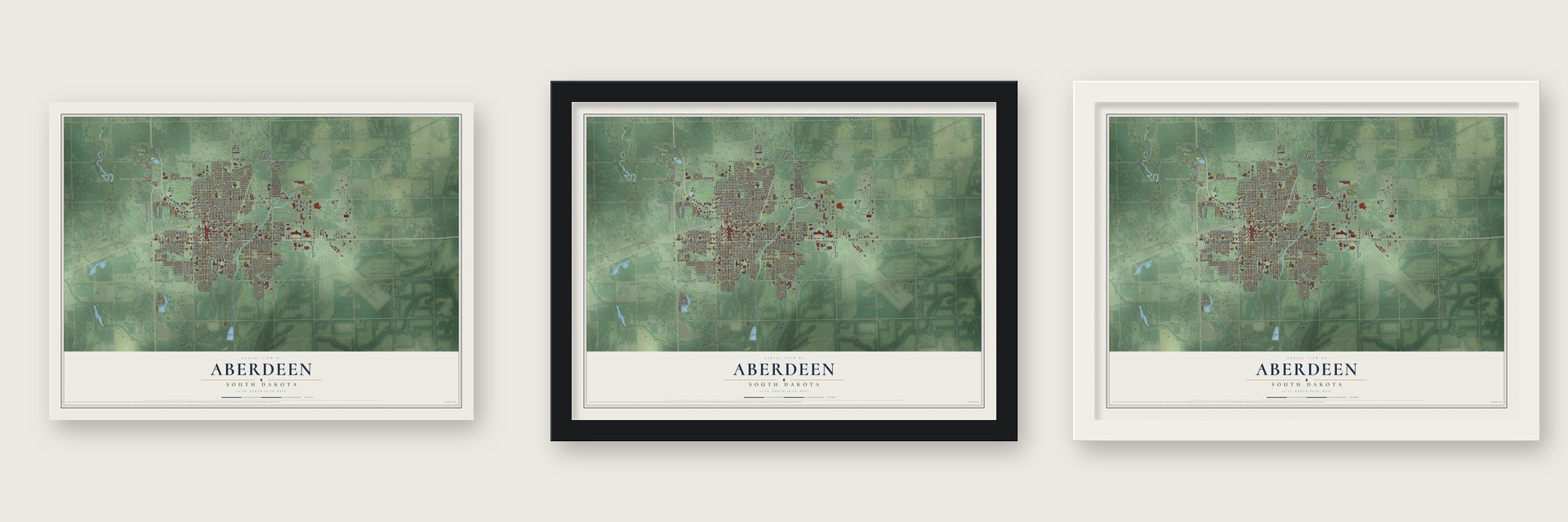 Aberdeen, South Dakota map unframed, in a black wood frame and in a white wood frame