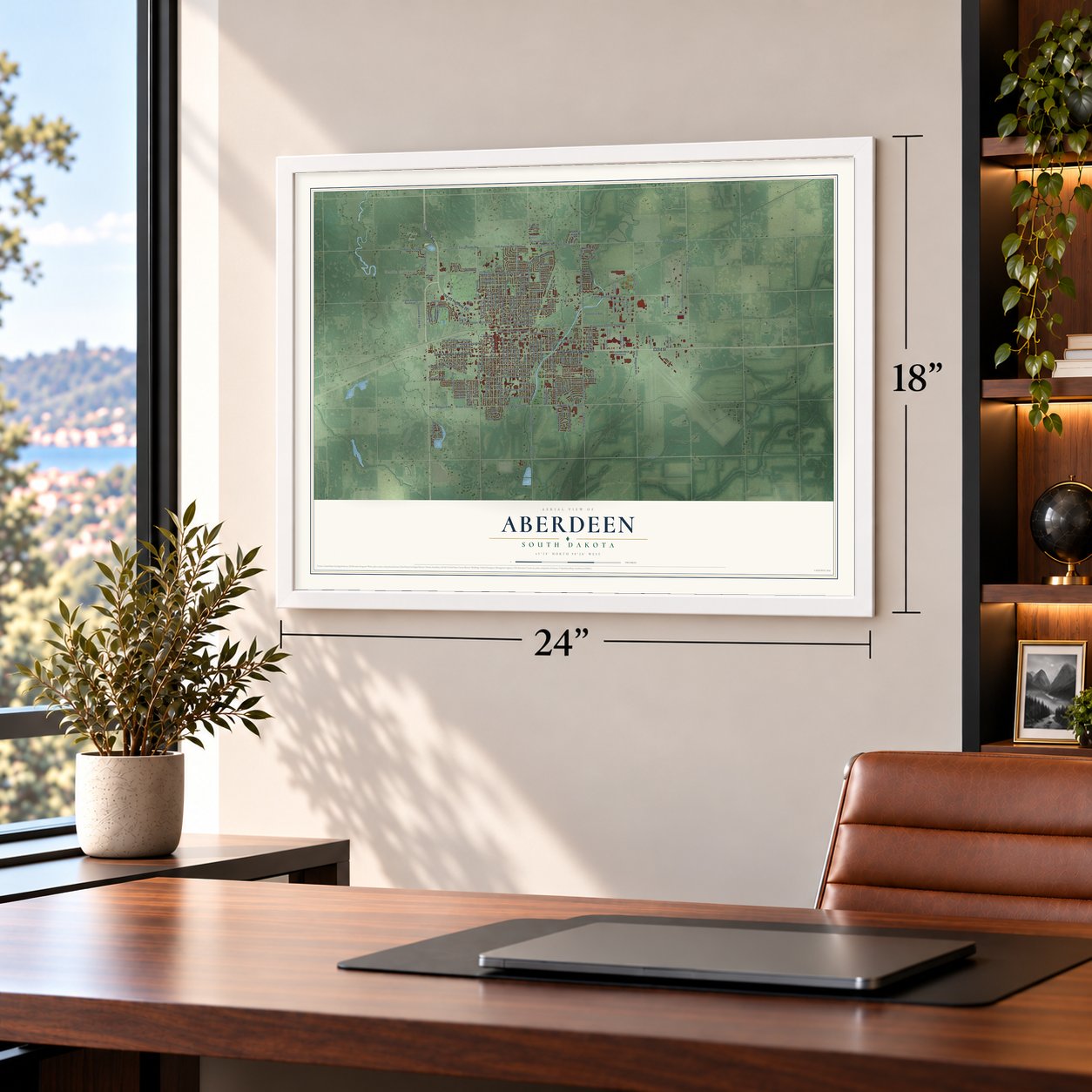 Aberdeen, South Dakota map, 18 x 24 inch print in a white frame in a home office