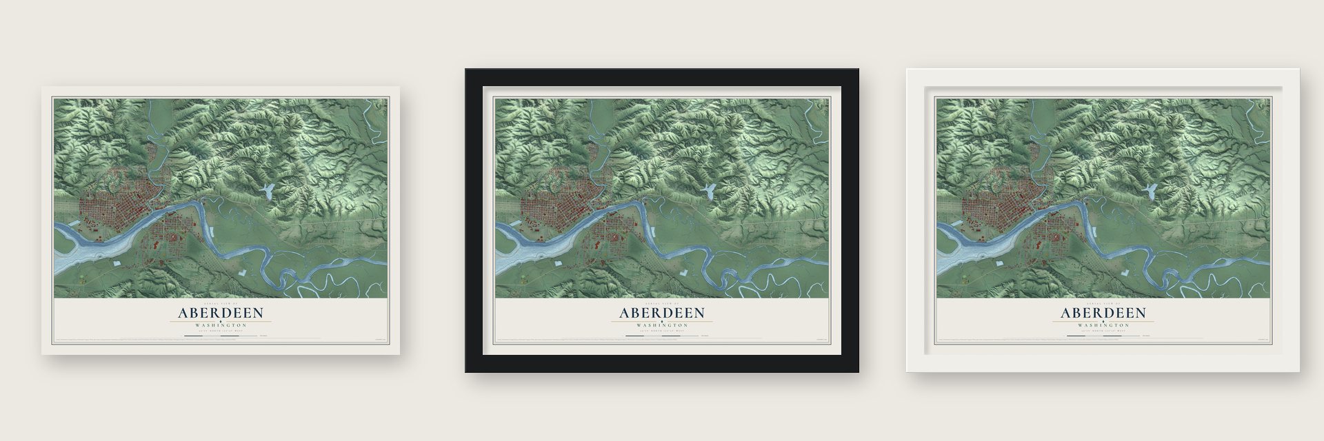 Aberdeen, Washington map unframed, in a black wood frame and in a white wood frame