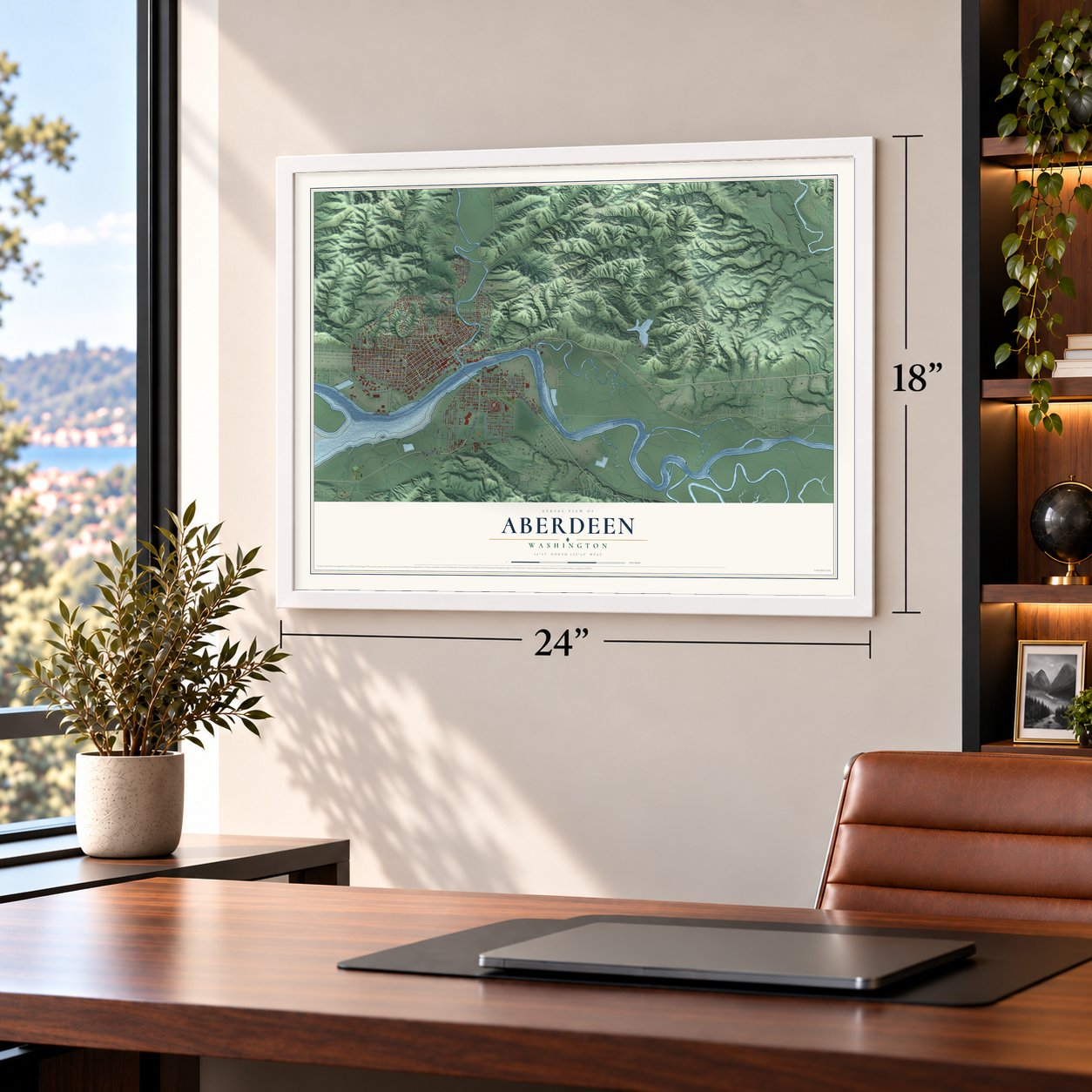 Aberdeen, Washington map, 18 x 24 inch print in a white frame in a home office