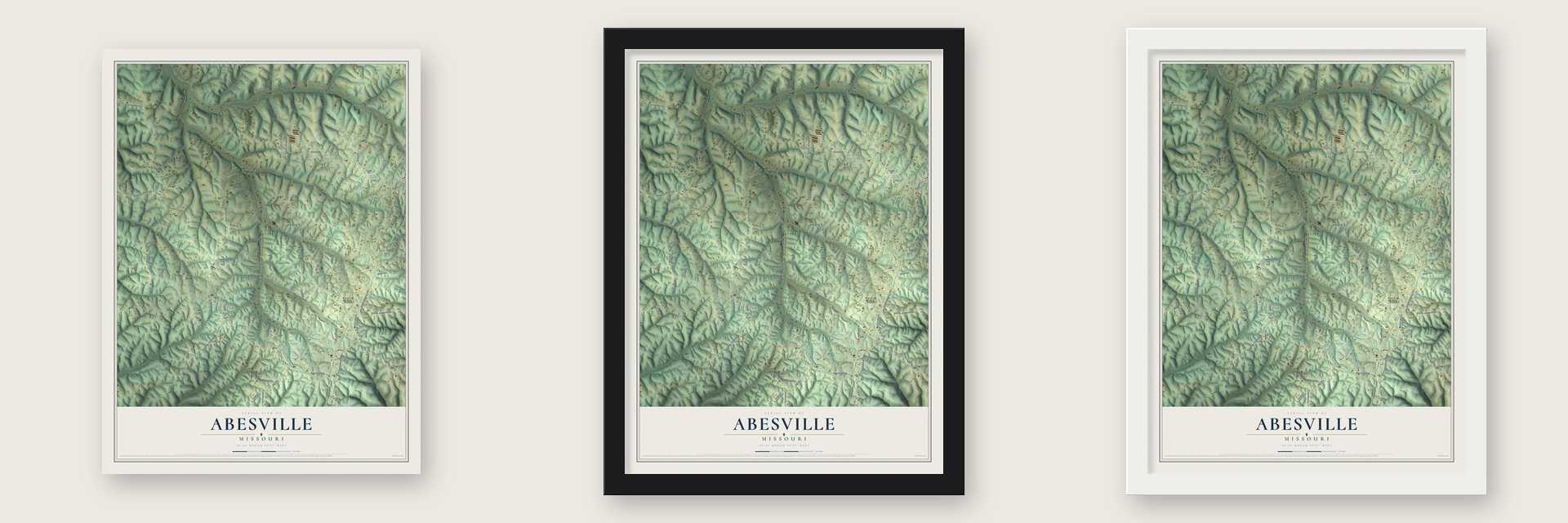 Abesville, Missouri map unframed, in a black wood frame and in a white wood frame