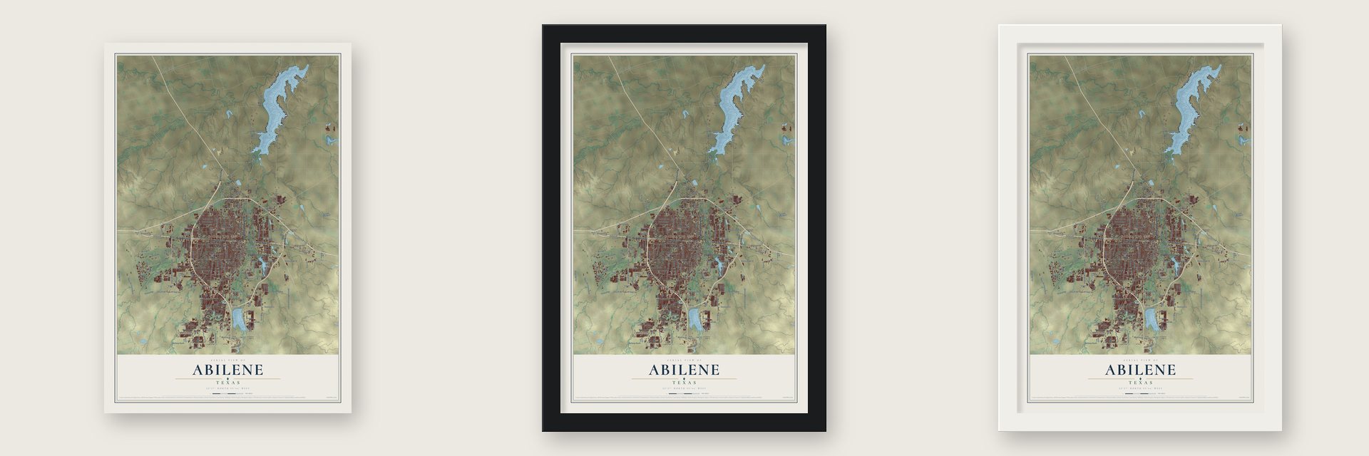 Abilene, Texas map unframed, in a black wood frame and in a white wood frame