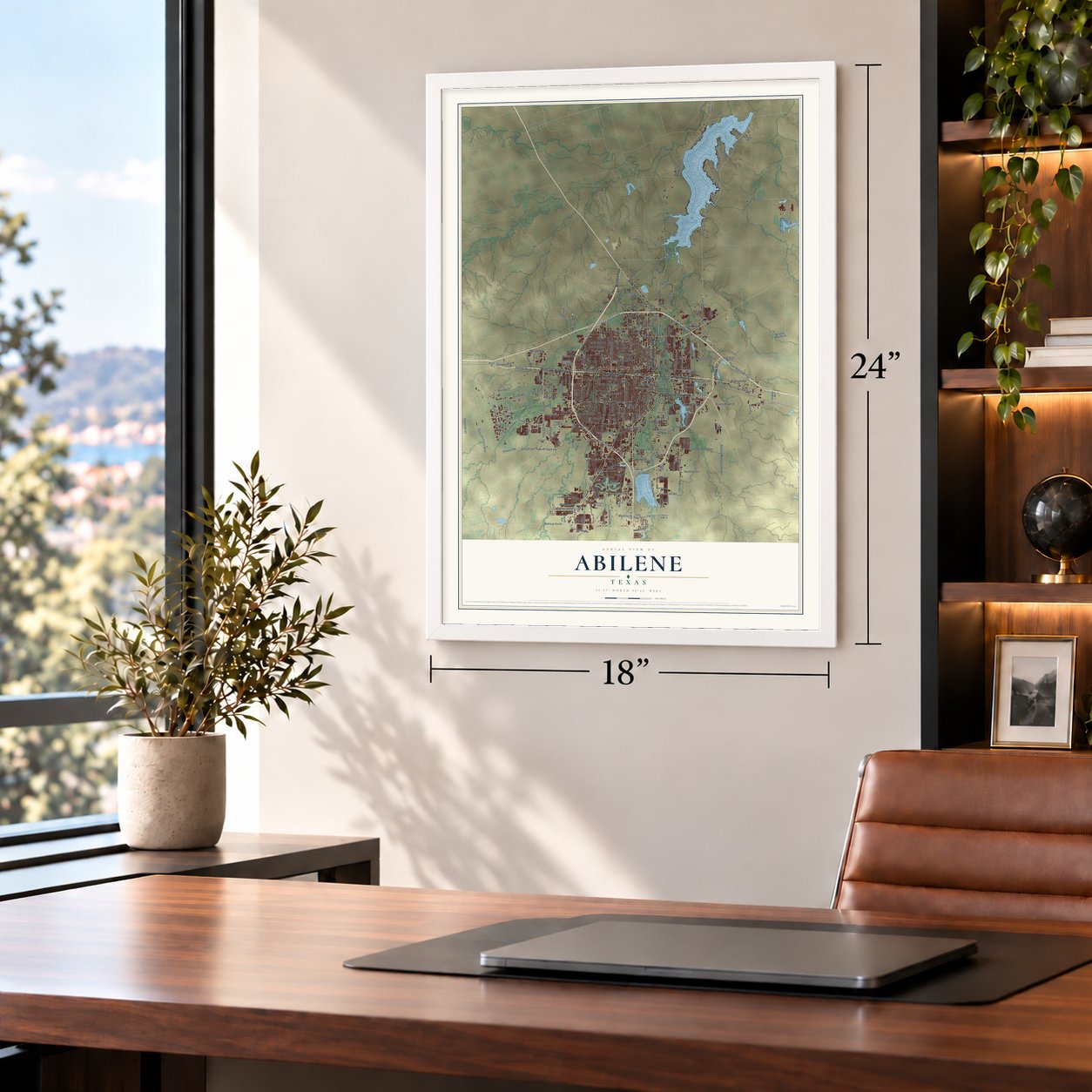 Abilene, Texas map, 18 x 24 inch print in a white frame in a home office