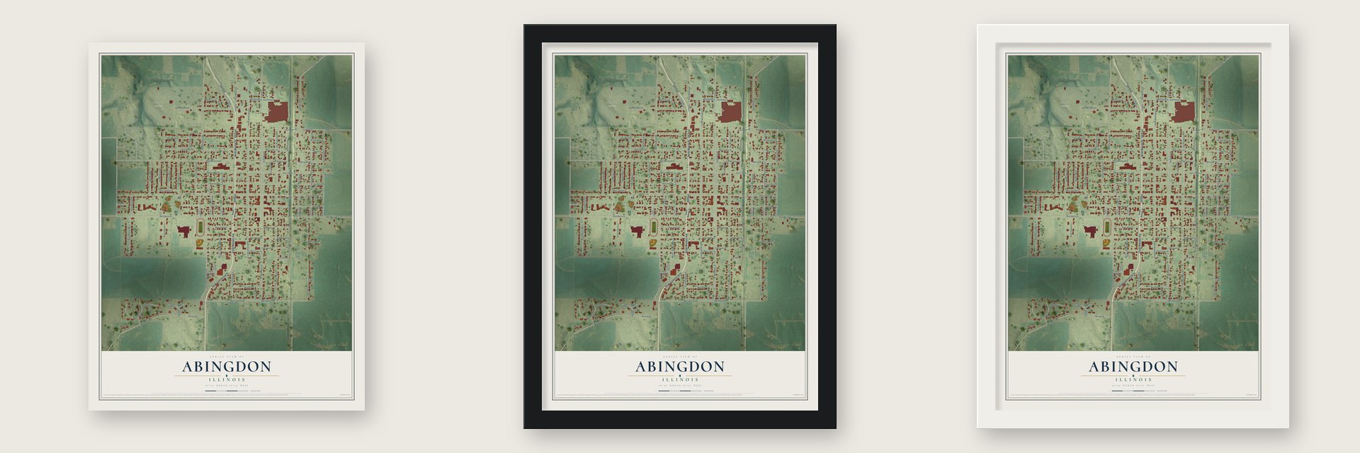 Abingdon, Illinois map unframed, in a black wood frame and in a white wood frame