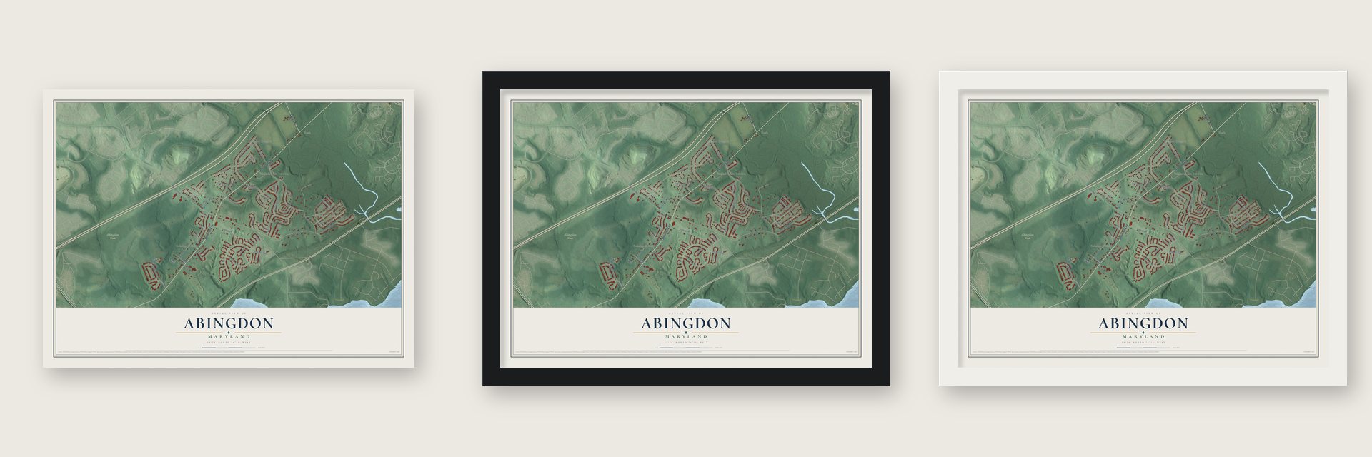 Abingdon, Maryland map unframed, in a black wood frame and in a white wood frame