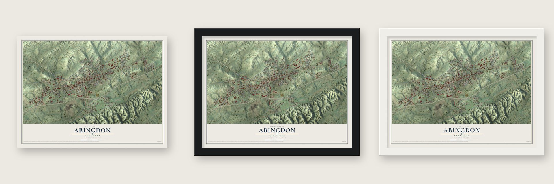 Abingdon, Virginia map unframed, in a black wood frame and in a white wood frame