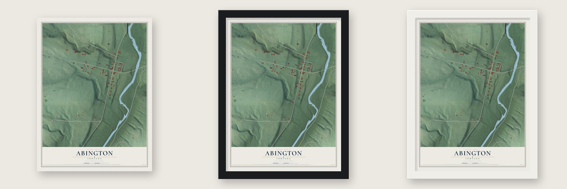 Abington, Indiana map unframed, in a black wood frame and in a white wood frame