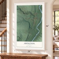 Abington, Indiana map, 24 x 36 inch print in a white frame by a staircase