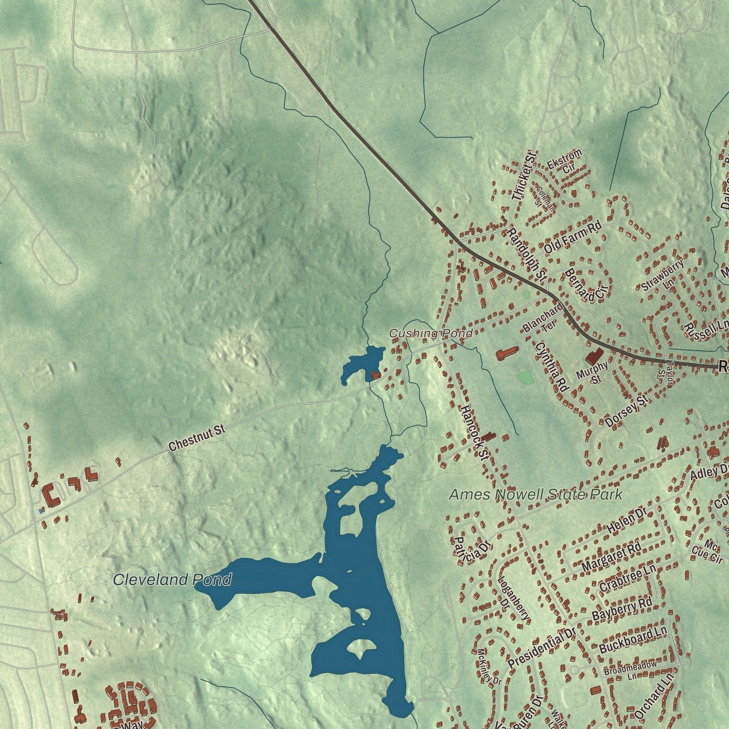 Close-up of the map of Abington, Massachusetts print showing terrain and local geography