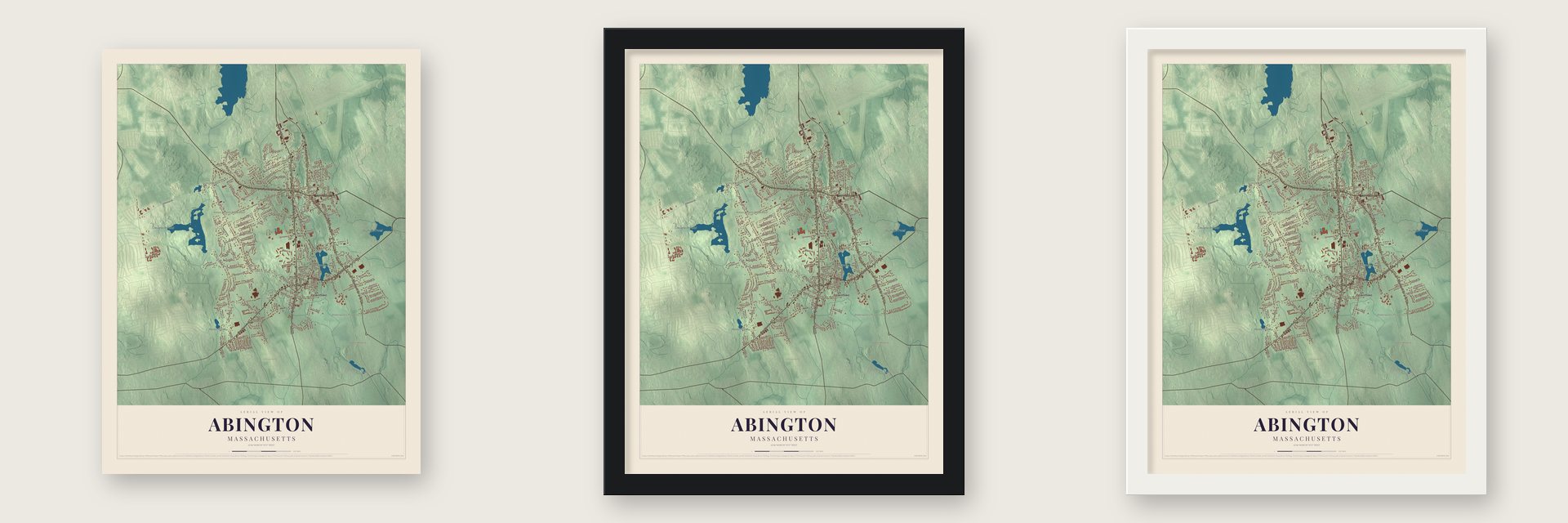 Abington, Massachusetts map unframed, in a black wood frame and in a white wood frame