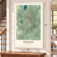 Abington, Massachusetts map, 24 x 36 inch print in a white frame by a staircase