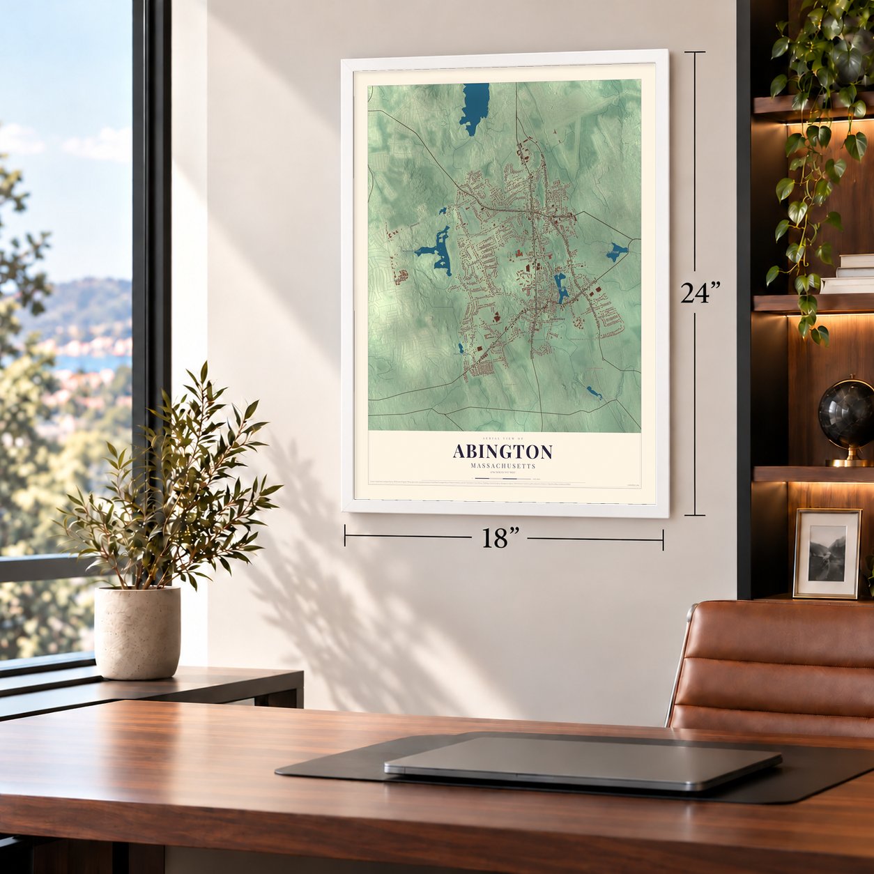 Abington, Massachusetts map, 18 x 24 inch print in a white frame in a home office