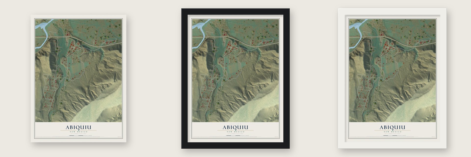 Abiquiu, New Mexico map unframed, in a black wood frame and in a white wood frame
