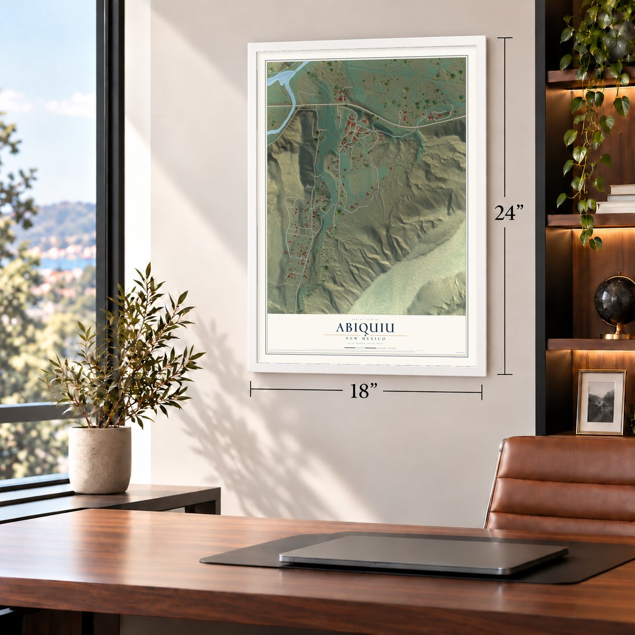 Abiquiu, New Mexico map, 18 x 24 inch print in a white frame in a home office
