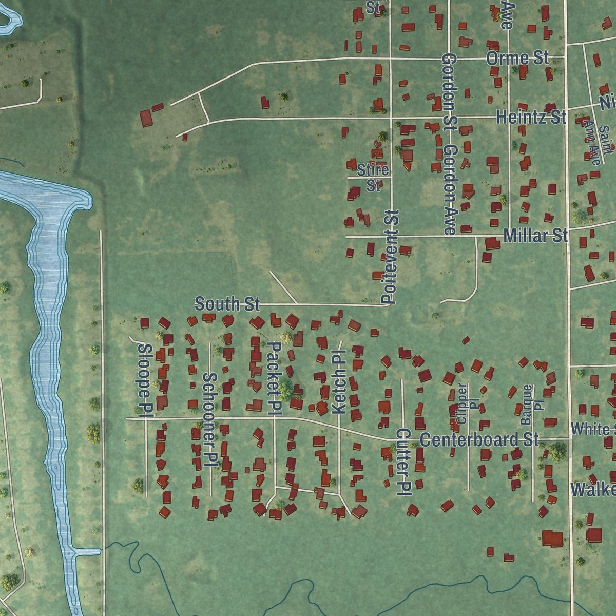 Second close-up of the map of Abita Springs, Louisiana print showing more streets and buildings
