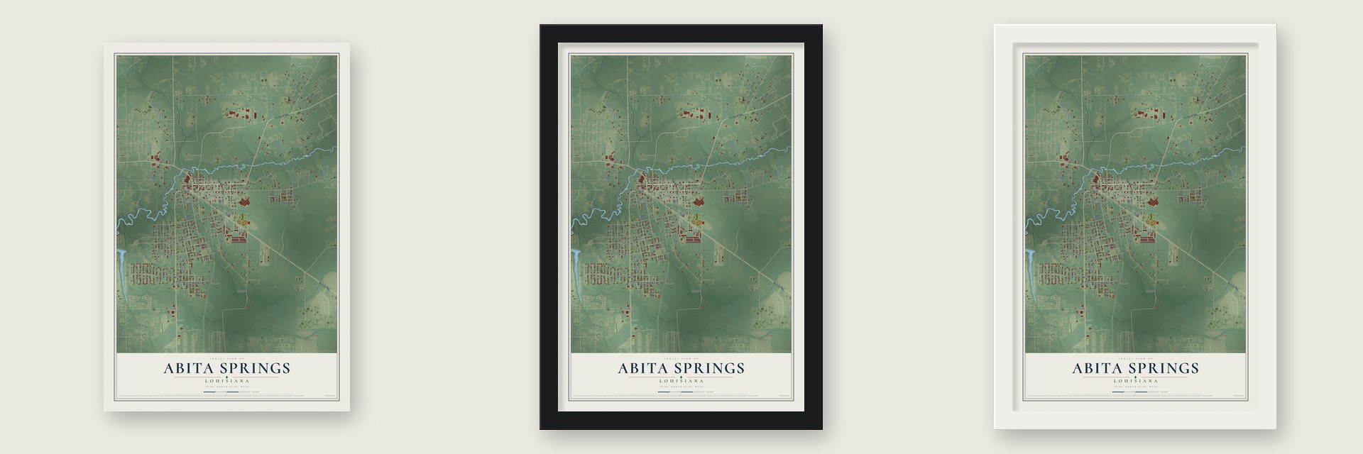 Abita Springs, Louisiana map unframed, in a black wood frame and in a white wood frame