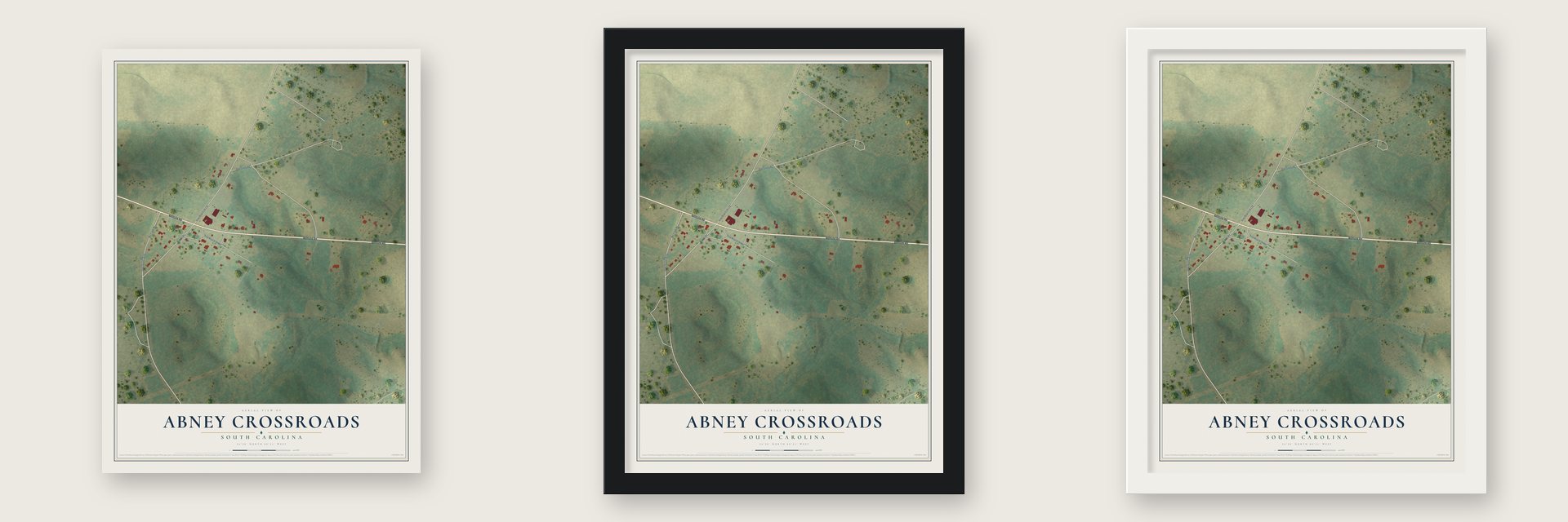 Abney Crossroads, South Carolina map unframed, in a black wood frame and in a white wood frame