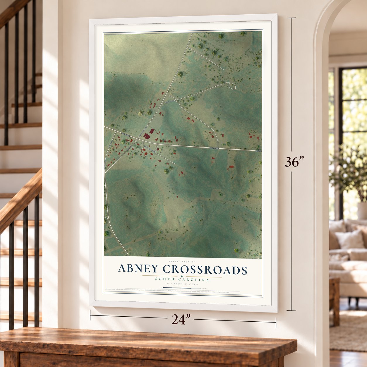 Abney Crossroads, South Carolina map, 24 x 36 inch print in a white frame by a staircase