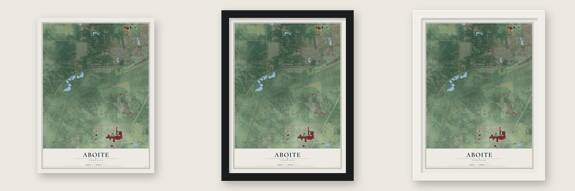 Aboite, Indiana map unframed, in a black wood frame and in a white wood frame