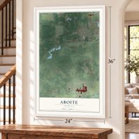 Aboite, Indiana map, 24 x 36 inch print in a white frame by a staircase