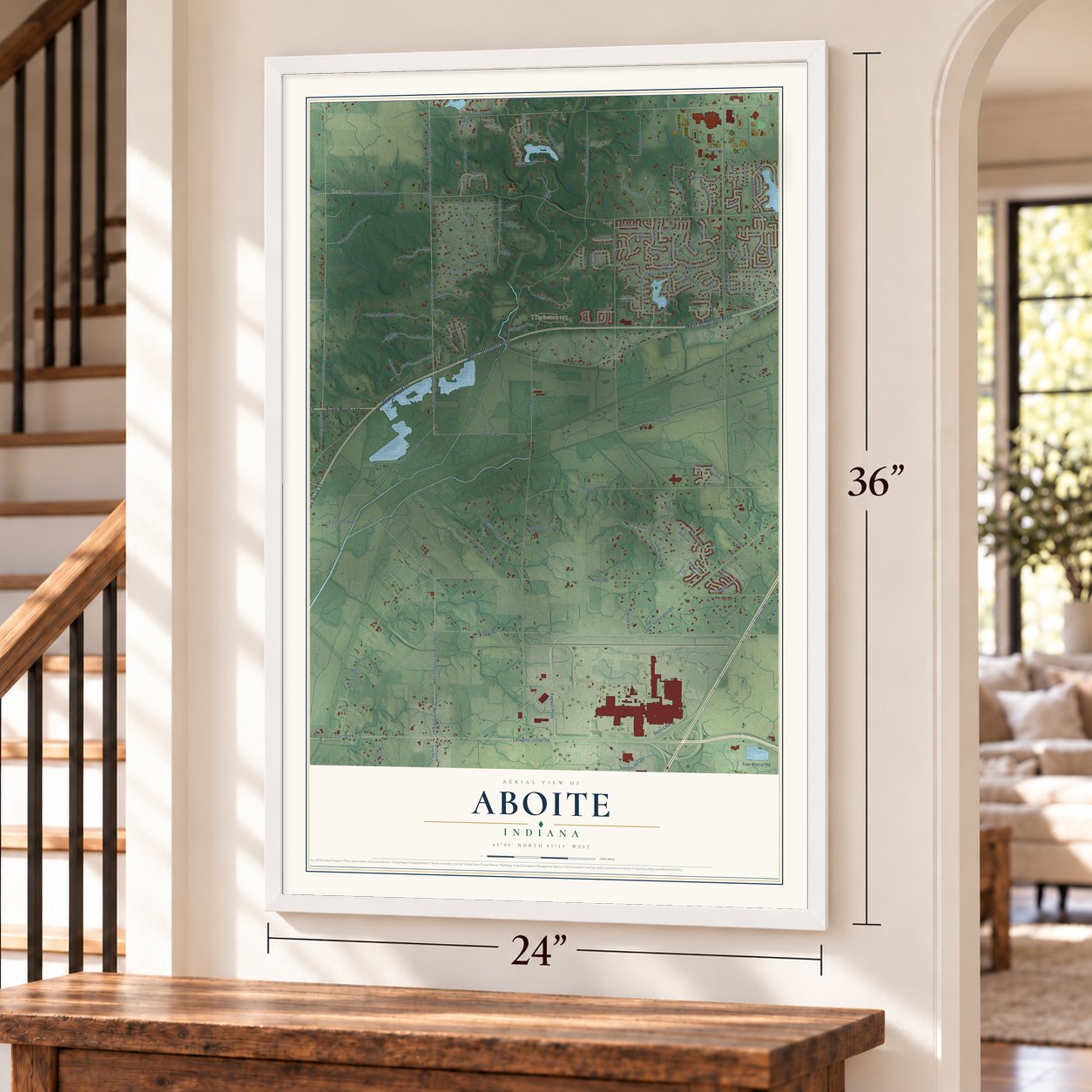 Aboite, Indiana map, 24 x 36 inch print in a white frame by a staircase