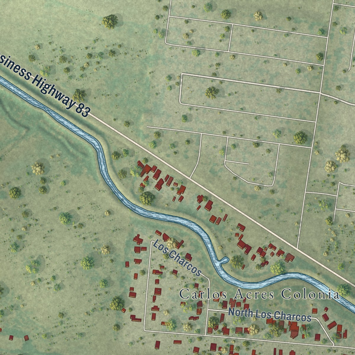 Second close-up of the map of Abram, Texas print showing more streets and buildings