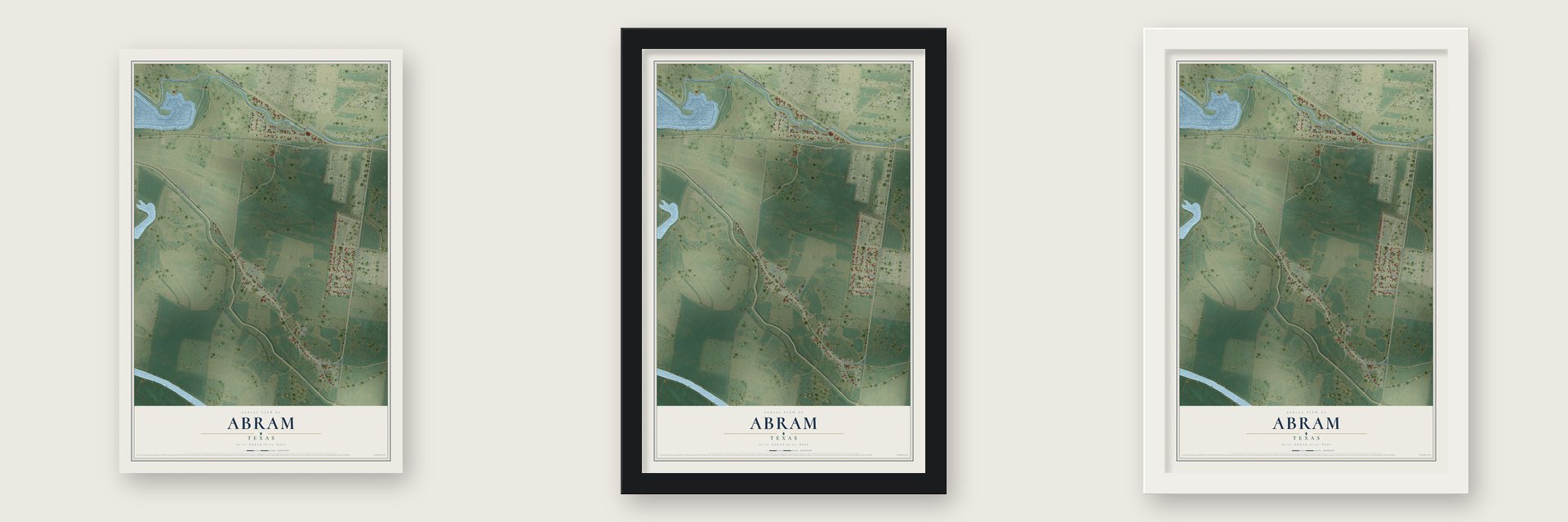 Abram, Texas map unframed, in a black wood frame and in a white wood frame