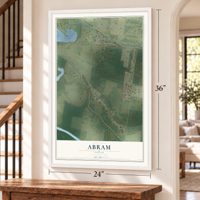 Abram, Texas map, 24 x 36 inch print in a white frame by a staircase