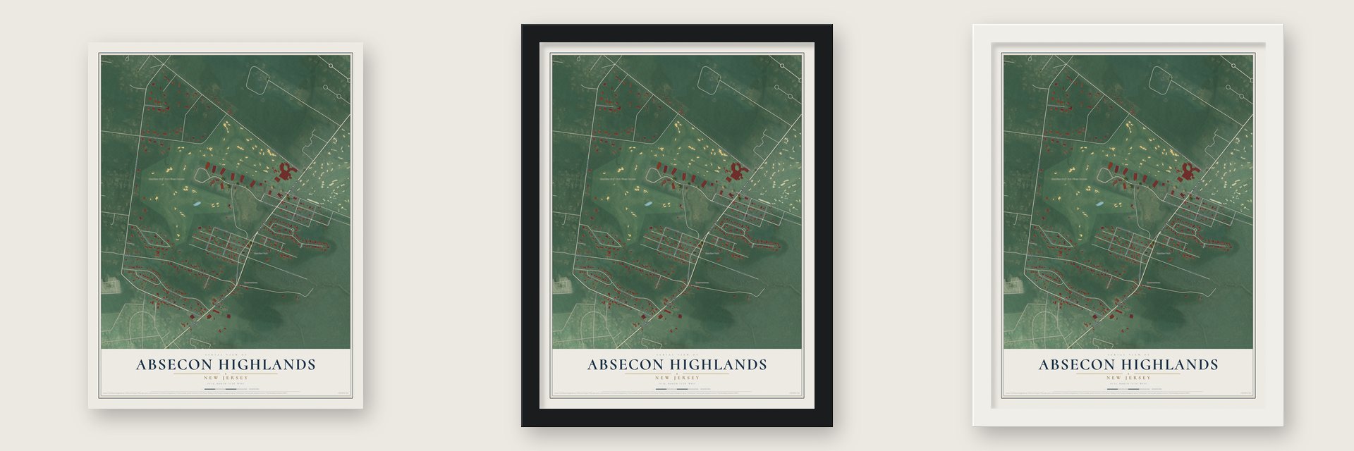 Absecon Highlands, New Jersey map unframed, in a black wood frame and in a white wood frame