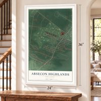 Absecon Highlands, New Jersey map, 24 x 36 inch print in a white frame by a staircase