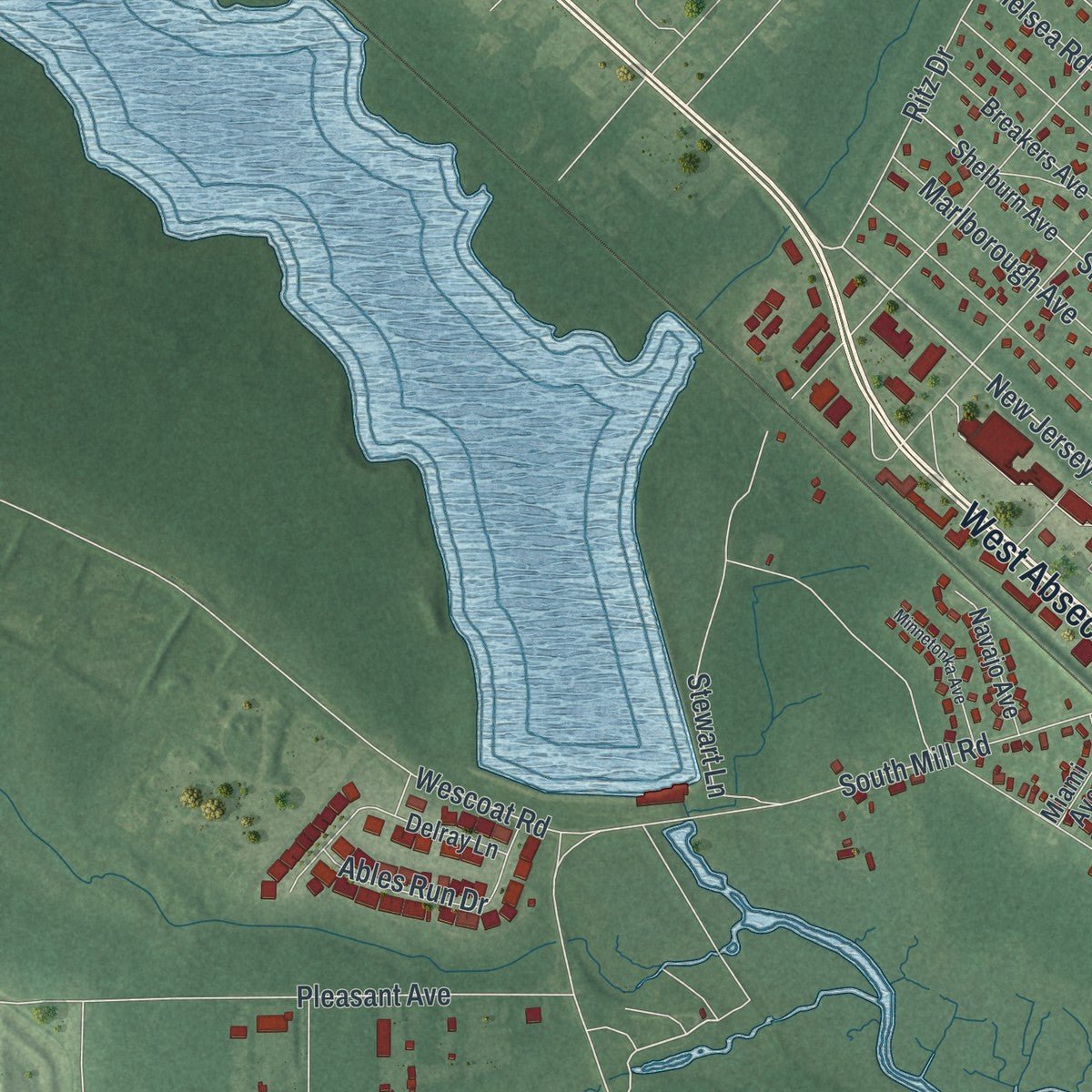 Second close-up of the map of Absecon, New Jersey print showing more streets and buildings