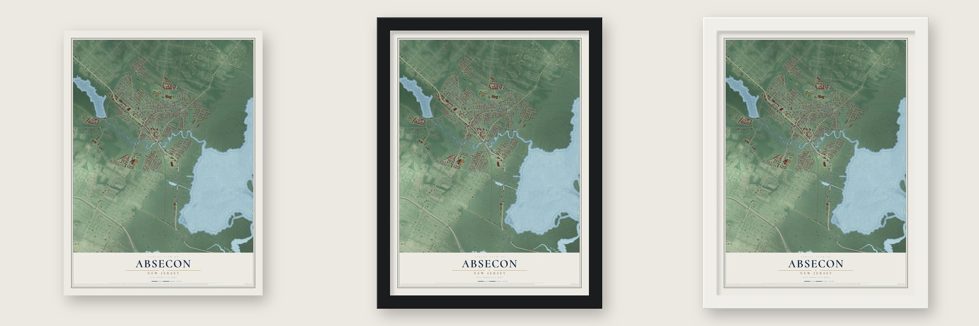 Absecon, New Jersey map unframed, in a black wood frame and in a white wood frame