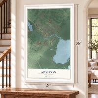 Absecon, New Jersey map, 24 x 36 inch print in a white frame by a staircase
