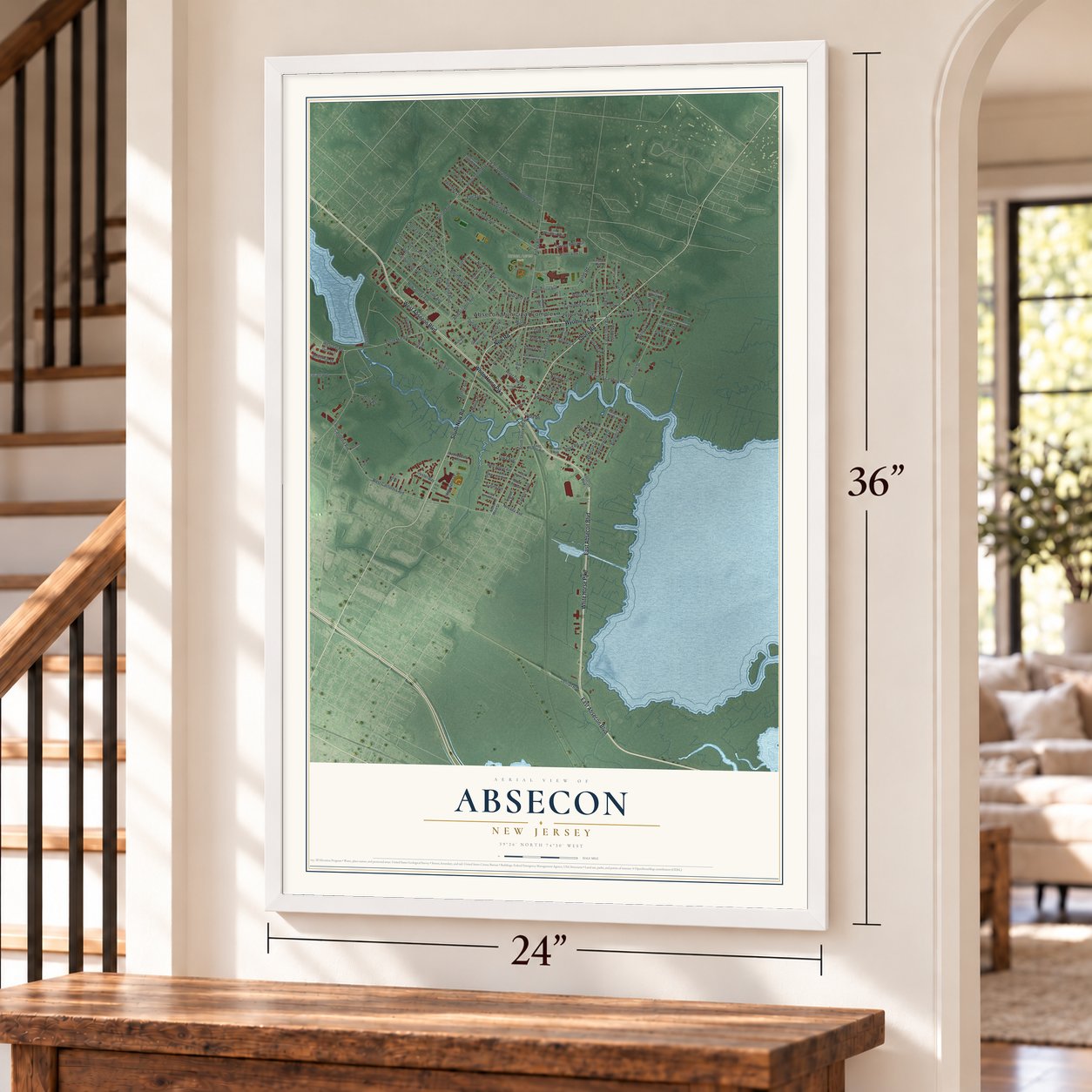 Absecon, New Jersey map, 24 x 36 inch print in a white frame by a staircase