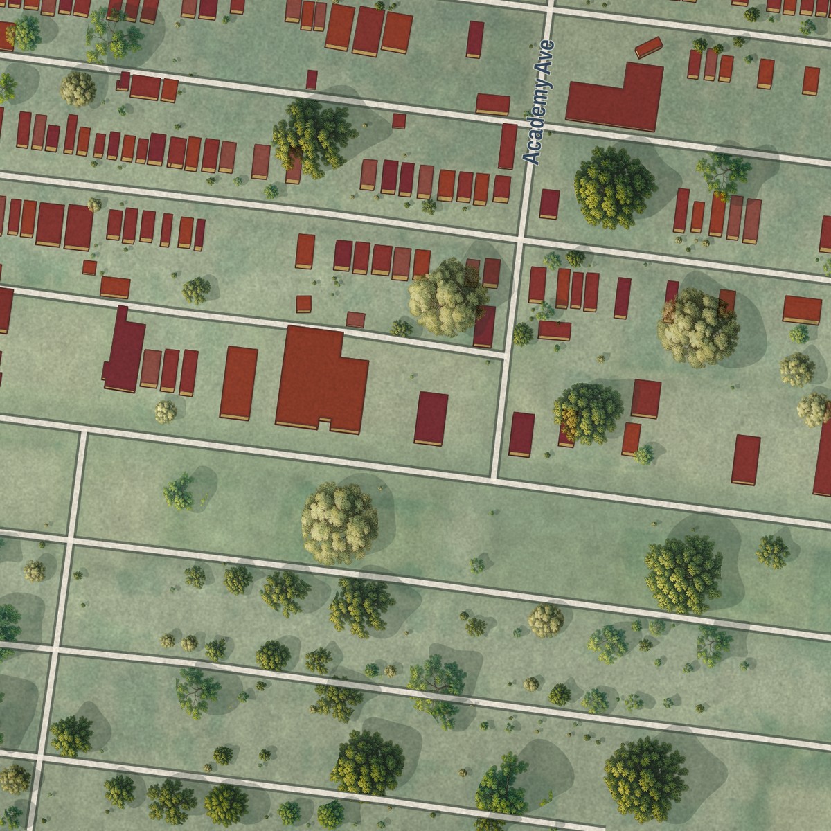 Second close-up of the map of Academy, Missouri print showing more streets and buildings