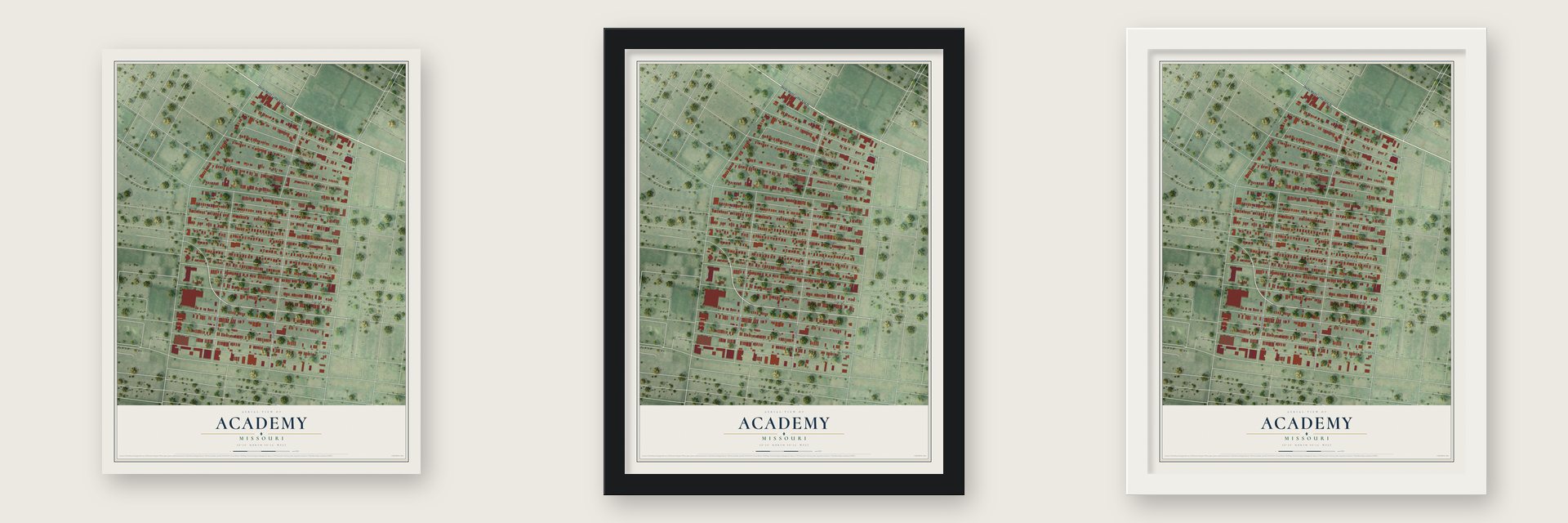 Academy, Missouri map unframed, in a black wood frame and in a white wood frame