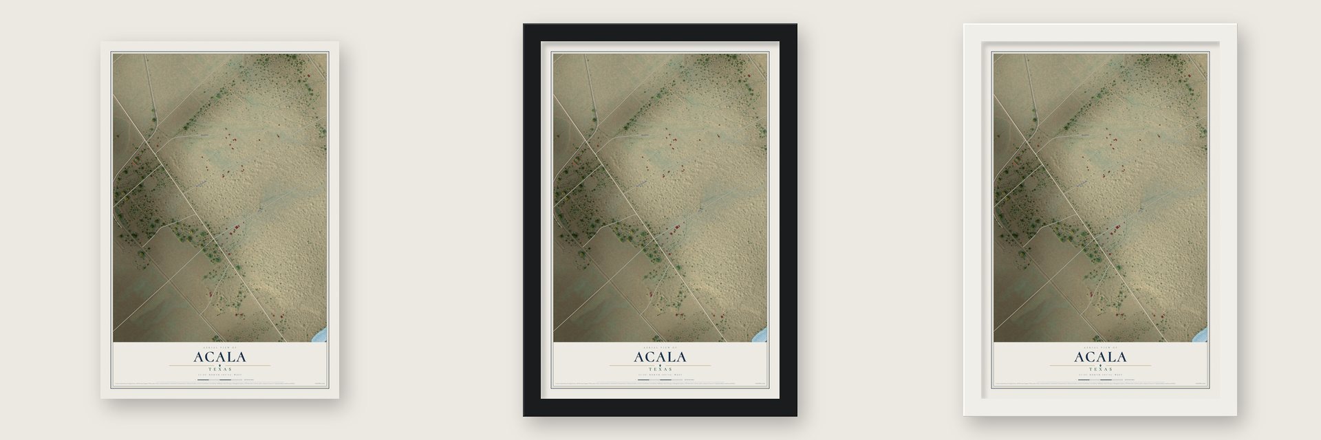 Acala, Texas map unframed, in a black wood frame and in a white wood frame
