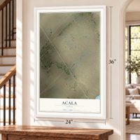 Acala, Texas map, 24 x 36 inch print in a white frame by a staircase
