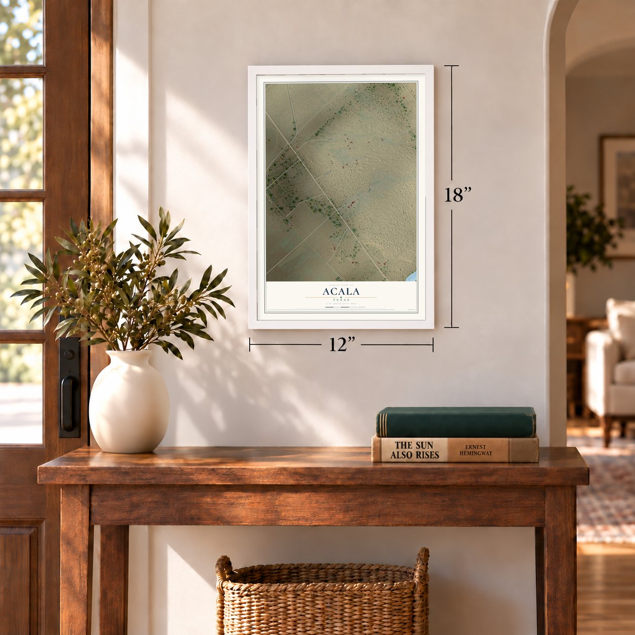 Acala, Texas map, 12 x 18 inch print in a white frame in an entryway