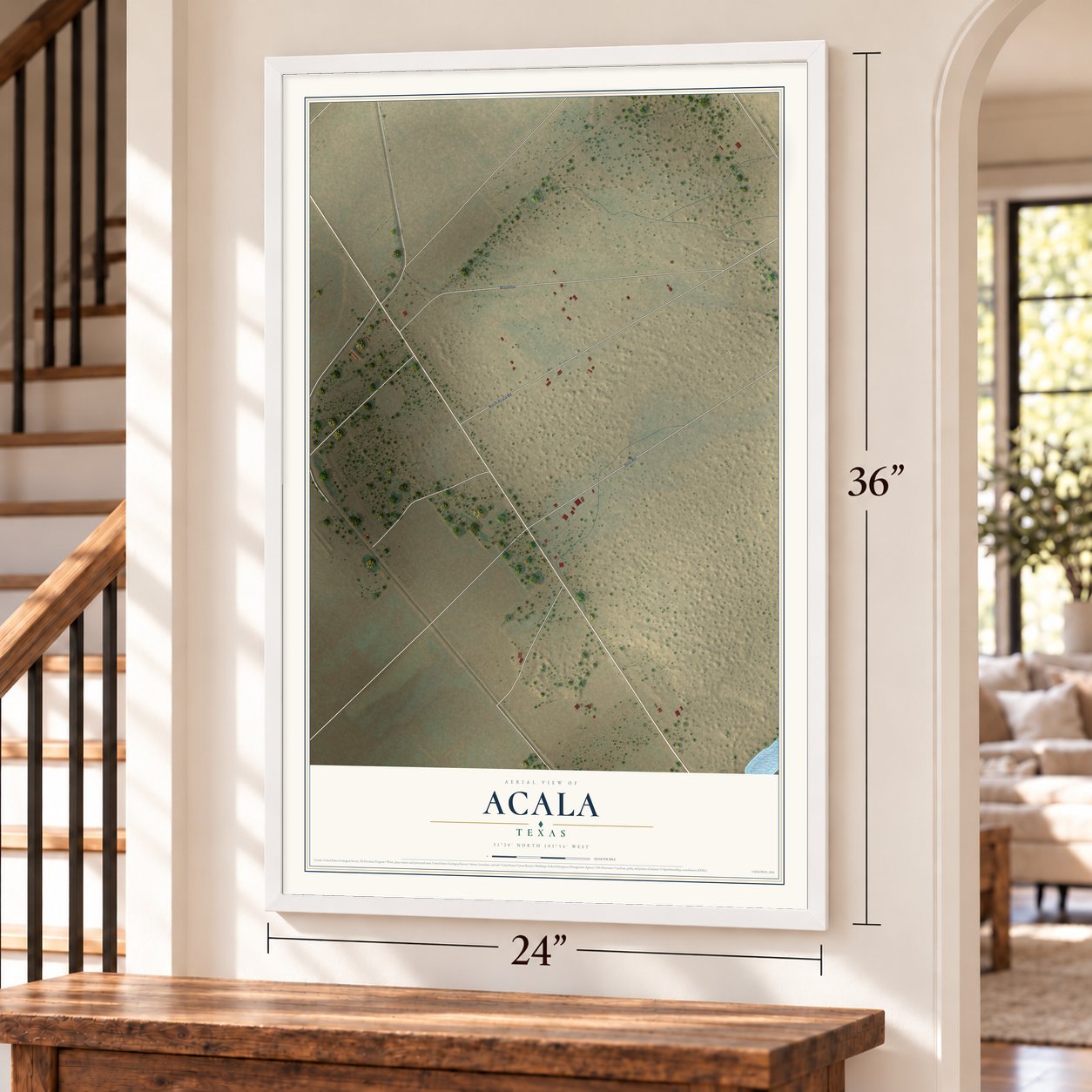Acala, Texas map, 24 x 36 inch print in a white frame by a staircase