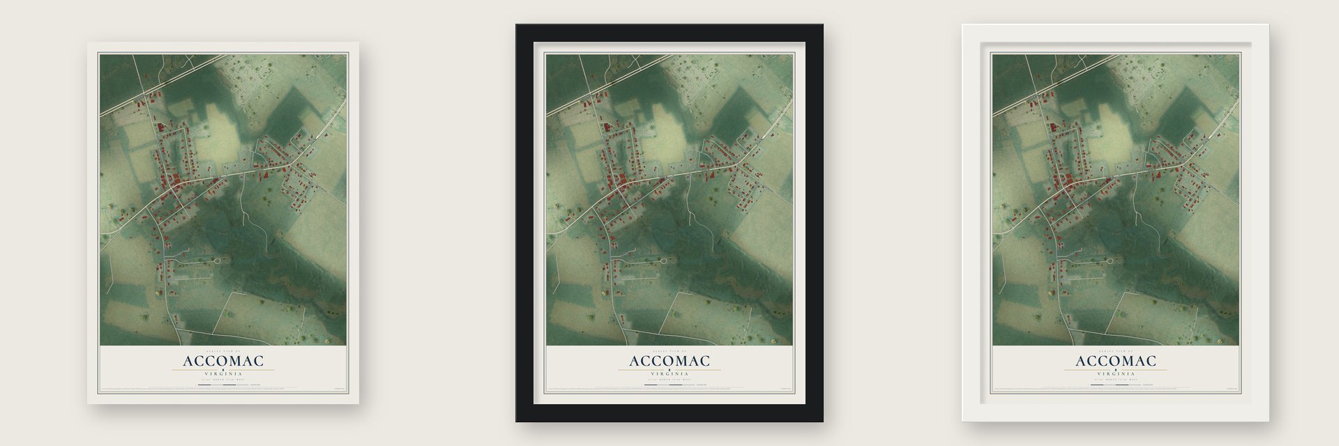 Accomac, Virginia map unframed, in a black wood frame and in a white wood frame