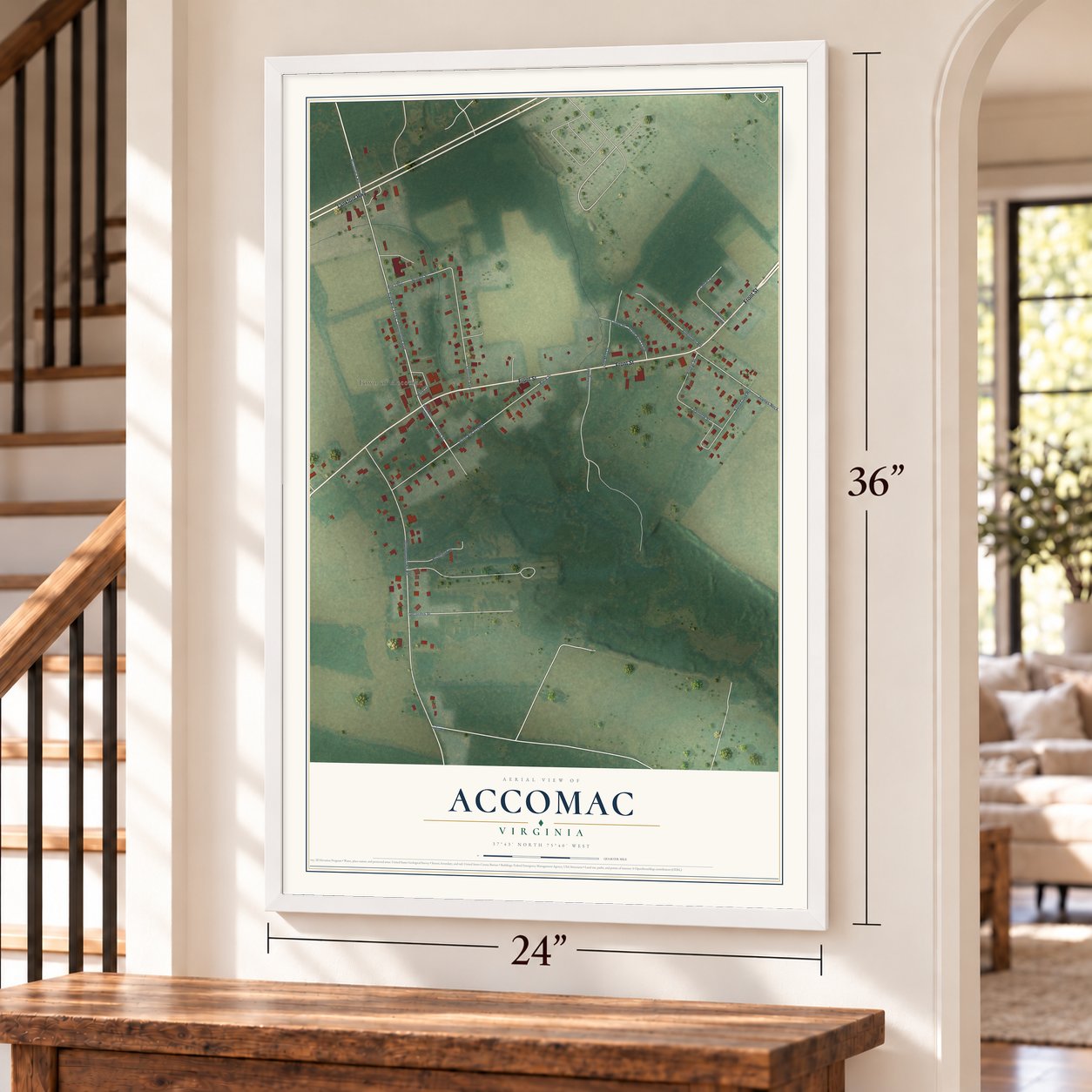 Accomac, Virginia map, 24 x 36 inch print in a white frame by a staircase