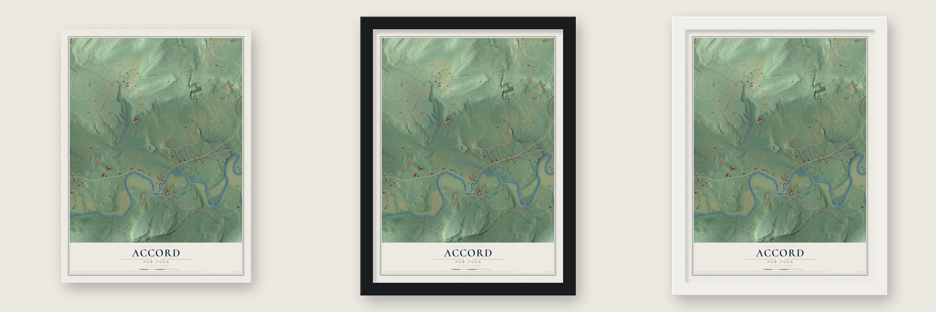 Accord, New York map unframed, in a black wood frame and in a white wood frame