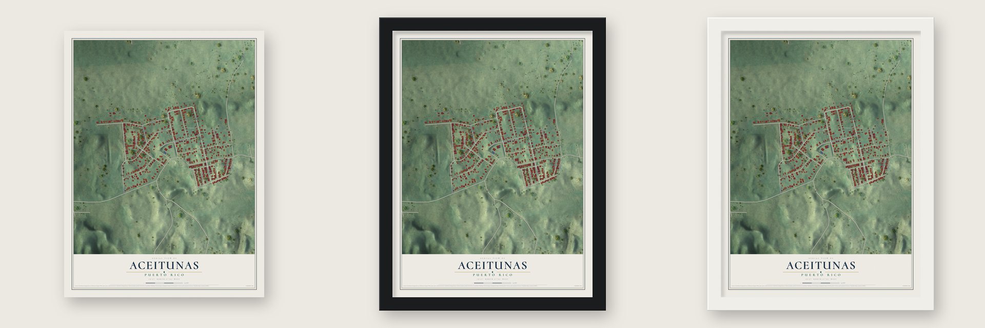 Aceitunas, Puerto Rico map unframed, in a black wood frame and in a white wood frame